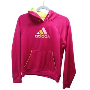 Adidas Girls Youth Pink Yellow Logo Hoodie‎ Sweatshirt Size 14